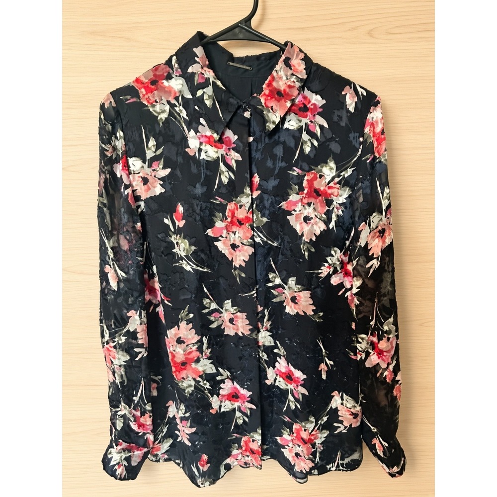 Blue Tahari Womens L Black Floral Burnout Silk Blouse Excellent Condition